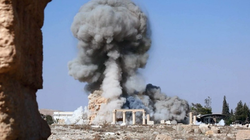 An Islamic State photo showing the deliberate destruction of monuments in Palmyra. Image: IS social media/AP